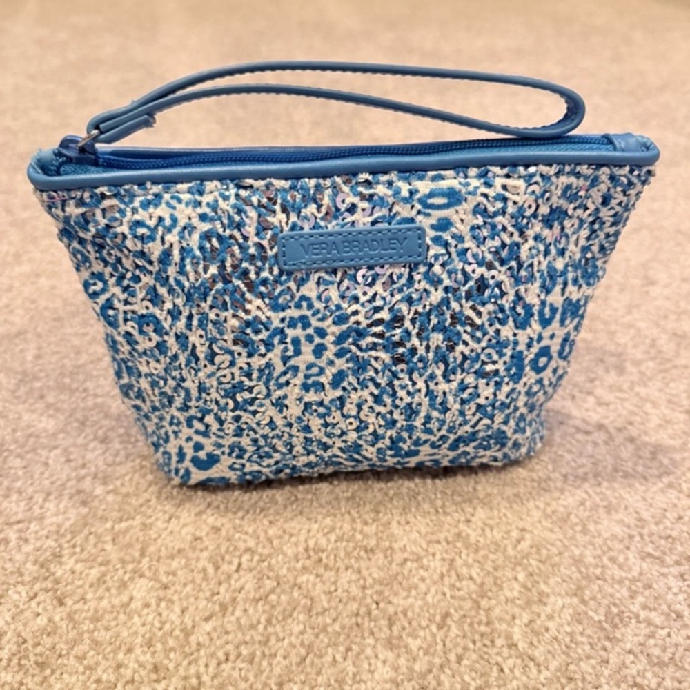 Vera Bradley mesh sequin wristlet on the Camocat blue pattern